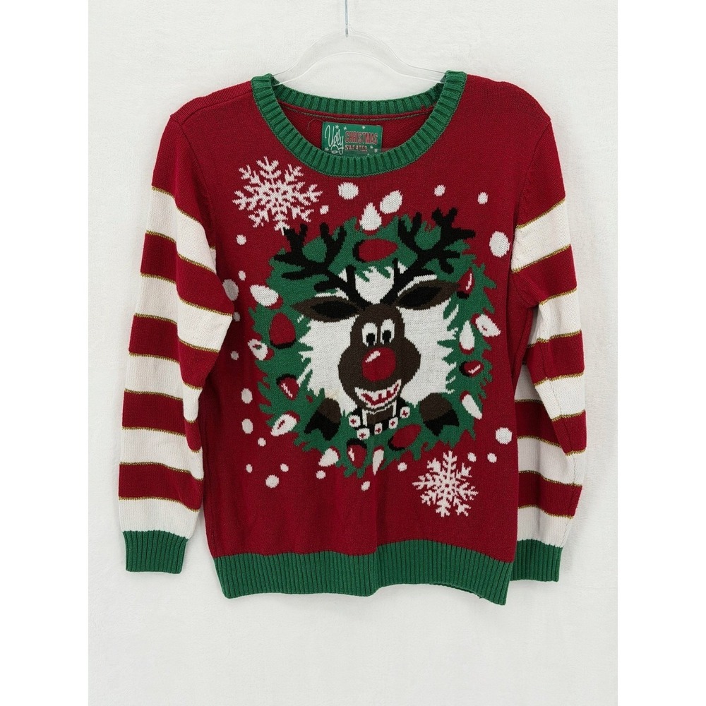 Ugly Christmas‎ Sweater Womens Large Red Green Knit Rudolph Wreath Holiday Party